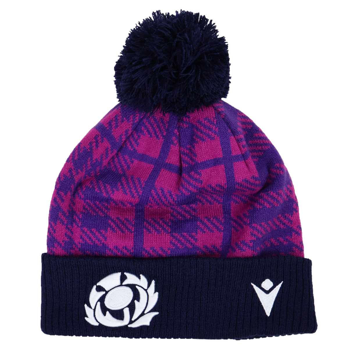 The Scotland 25/26 Pom-Pom Beanie by Macron features a purple and pink tartan knit, a navy pom-pom, two embroidered Macron logos on the navy cuff, and is made by the brand Macron.