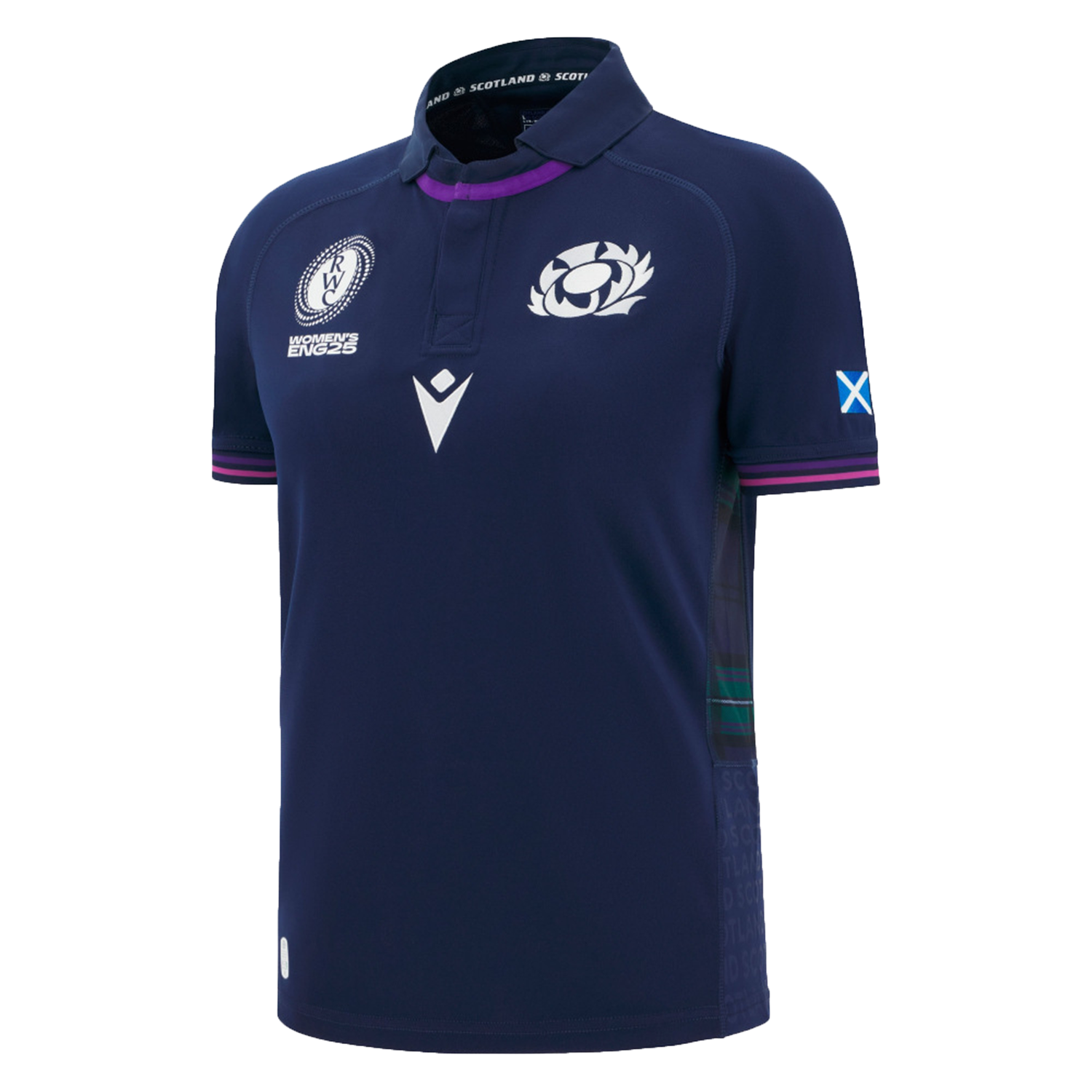 The Scotland WRWC25 Replica Home Jersey by Macron is a navy blue rugby jersey with white logos, featuring the Scottish rugby emblem, a Macron logo, and a small Scottish flag on the sleeve.