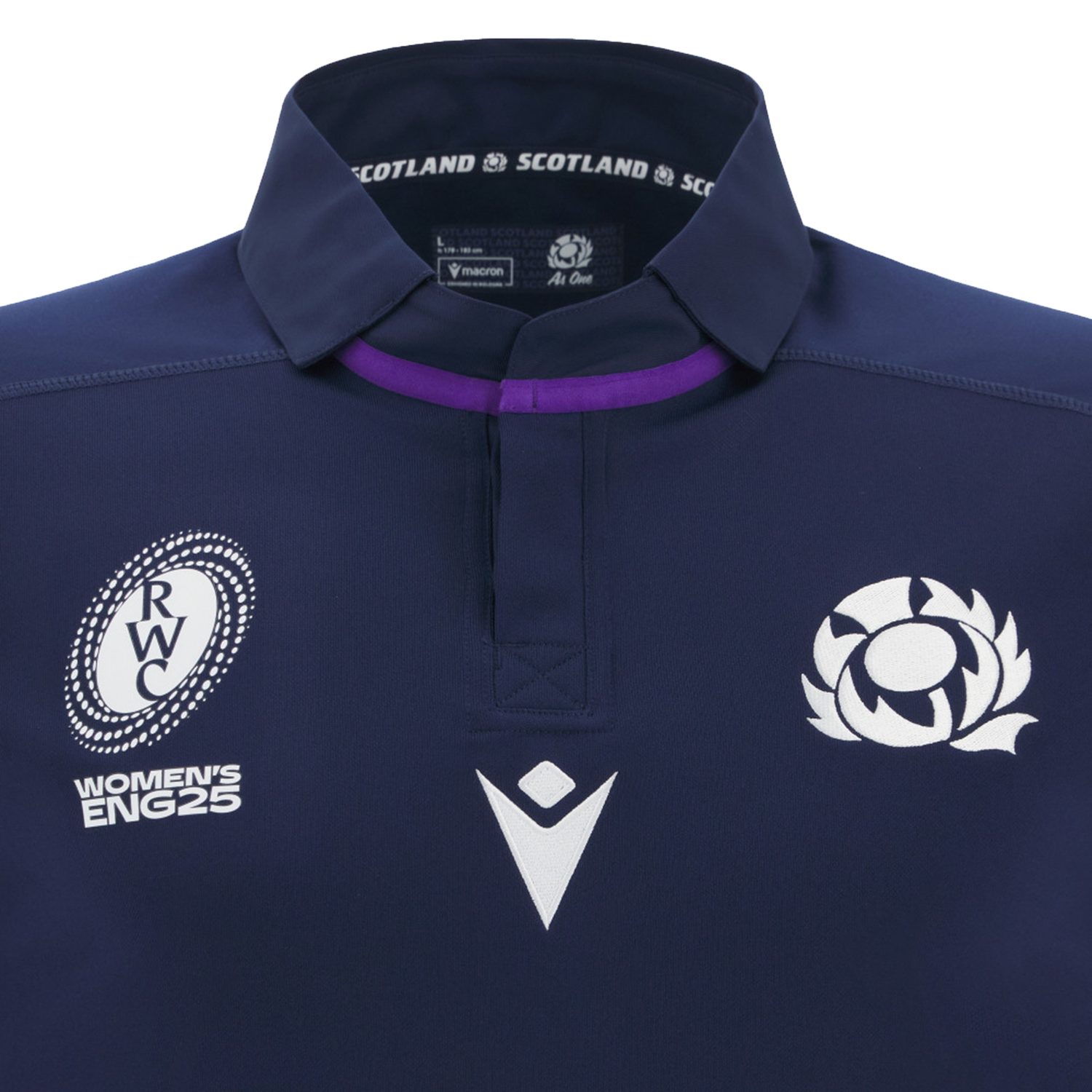 Close-up of the Scotland WRWC25 Replica Home Jersey by Macron, a navy blue rugby shirt showcasing the Scotland emblem, "RWC Women's ENG25" logo, and Macron branding on the chest.