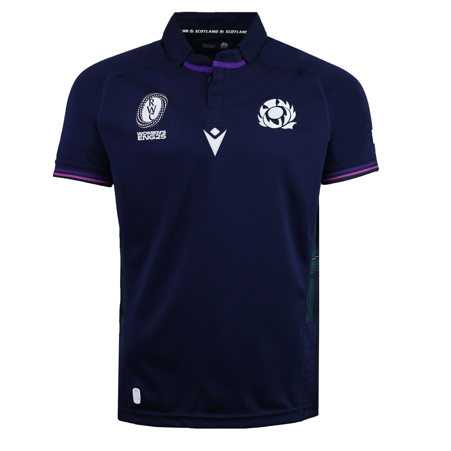 The Scotland WRWC25 Replica Home Jersey by Macron features a navy blue design with white and purple accents, team and sponsor logos on the chest, and a buttoned collar.