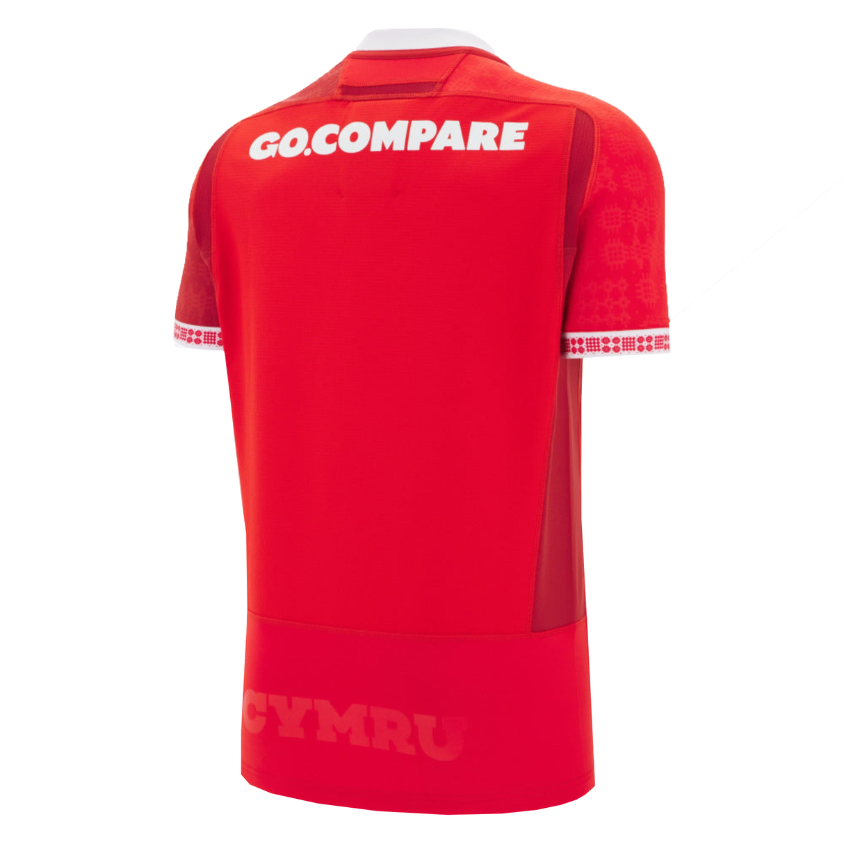 Wales 25/26 Authentic Matchday Home Jersey by Macron shown from the back with "GO.COMPARE" at the top and "CYMRU" faintly below—a must-have for any Wales rugby jersey collection.