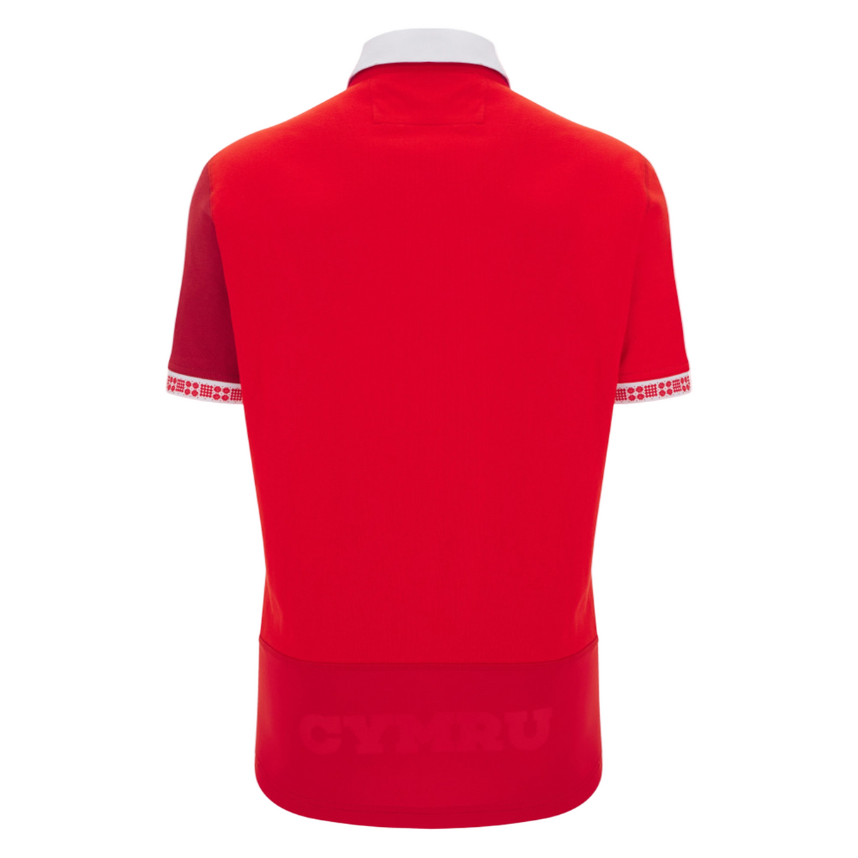 The back of the Wales 25/26 Replica Home Cotton Jersey by Macron features a red design with a white collar, patterned sleeve cuffs, and subtle "CYMRU" at the hem, blending classic style in this official WRU Macron replica shirt.