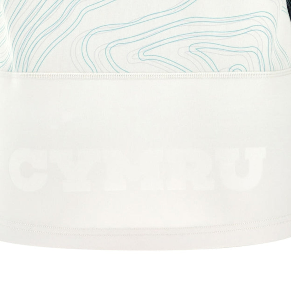 A close-up of white fabric with faint blue contours and "CYMRU" subtly printed near the bottom, showcasing an elegant detail from the Wales 25/26 Replica Away Jersey by Macron.