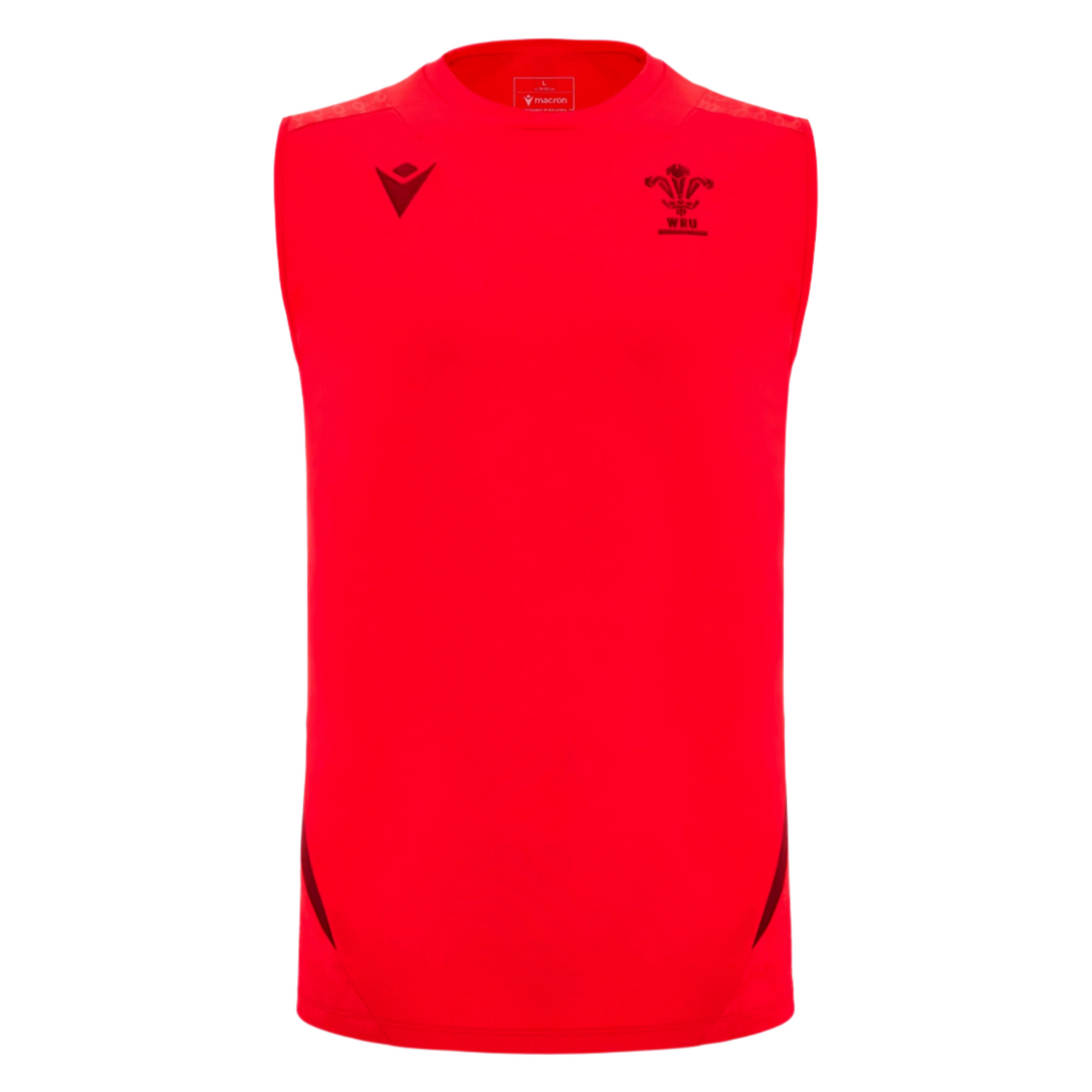 The Wales 25/26 Player Training Singlet by Macron is sleeveless and bright red, featuring black logos, accents, the WRU crest on the left chest, and a Macron logo on the right chest.