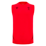 The Wales 25/26 Player Training Singlet by Macron is sleeveless and bright red, featuring black logos, accents, the WRU crest on the left chest, and a Macron logo on the right chest.