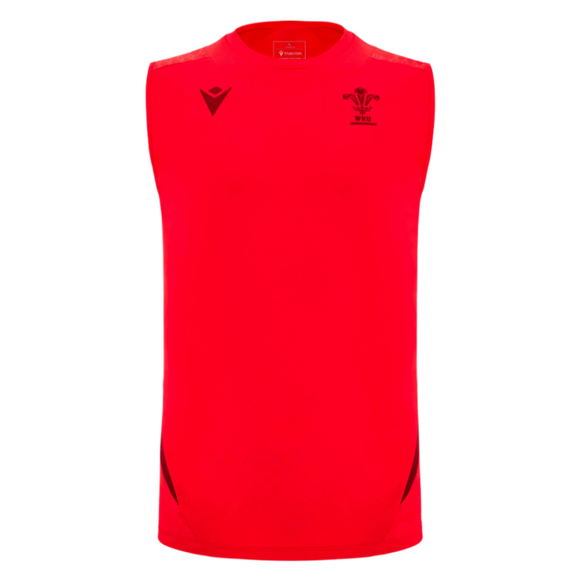 The Wales 25/26 Player Training Singlet by Macron is sleeveless and bright red, featuring black logos, accents, the WRU crest on the left chest, and a Macron logo on the right chest.