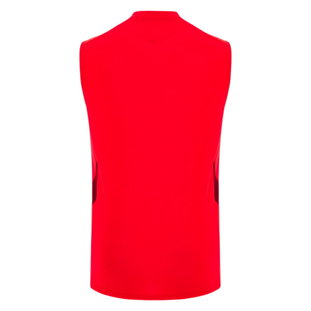 The Wales 25/26 Player Training Singlet by Macron, shown from the back, features a bright red design with black side accents, straight hem, WRU details, and a sleeveless athletic cut.