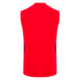 The Wales 25/26 Player Training Singlet by Macron, shown from the back, features a bright red design with black side accents, straight hem, WRU details, and a sleeveless athletic cut.