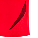 Close-up of the Wales 25/26 Player Training Singlet by Macron, featuring red performance polyester, a darker red mesh panel, and a subtle geometric pattern near the side seam.