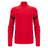 The Wales 25/26 Player 1/4 Zip Top by Macron is a red long-sleeve top featuring the Welsh Rugby Union logo and black accents on the shoulders and forearms.
