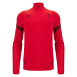 The Wales 25/26 Player 1/4 Zip Top by Macron is a red long-sleeve top featuring the Welsh Rugby Union logo and black accents on the shoulders and forearms.