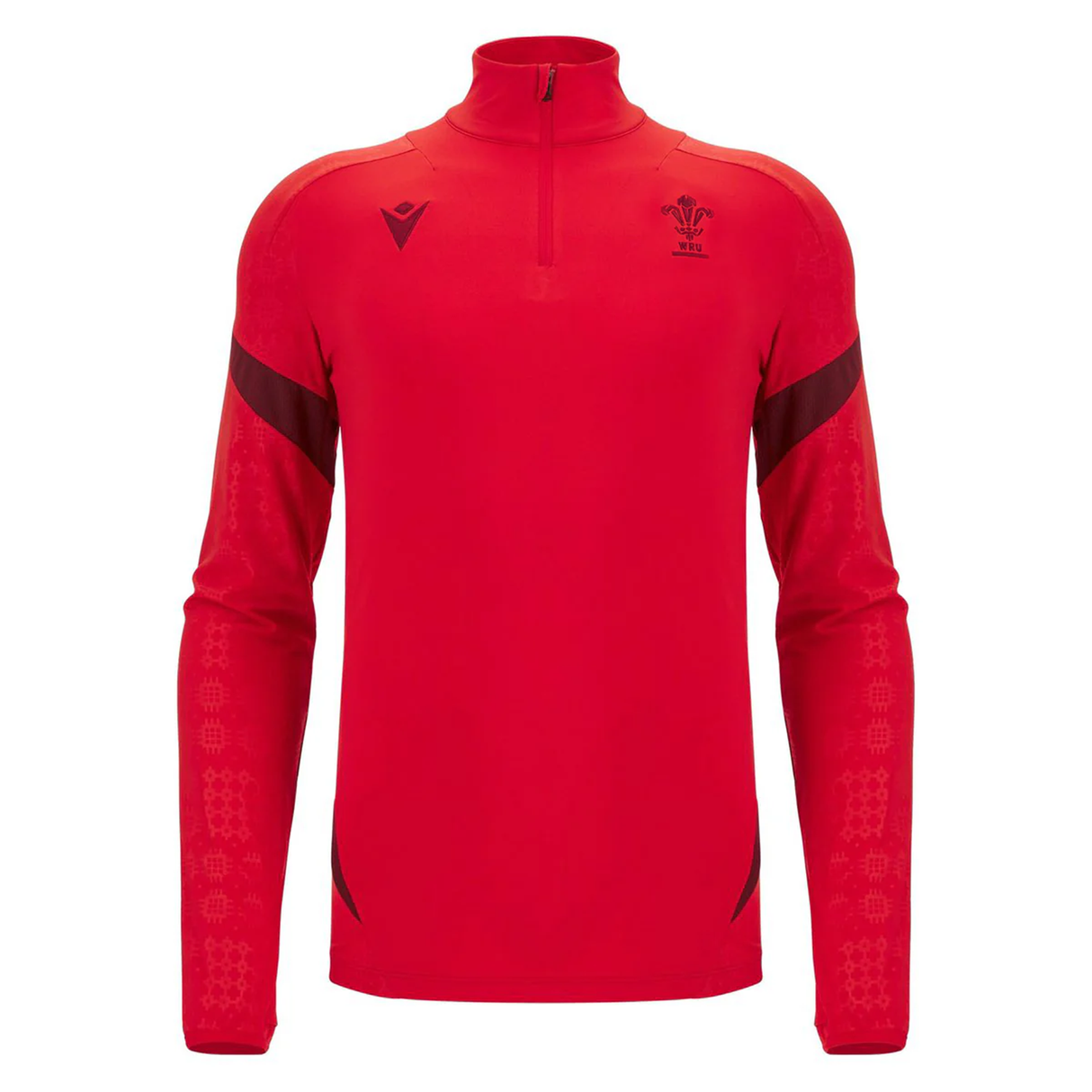 The Wales 25/26 Player 1/4 Zip Top by Macron is a red long-sleeve top featuring the Welsh Rugby Union logo and black accents on the shoulders and forearms.