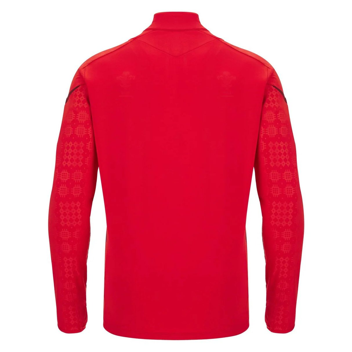 Back view of the Wales 25/26 Player 1/4 Zip Top by Macron, a red long-sleeved top with subtle patterned details on the sleeves and shoulders.