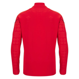 Back view of the Wales 25/26 Player 1/4 Zip Top by Macron, a red long-sleeved top with subtle patterned details on the sleeves and shoulders.