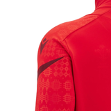 Close-up of a person wearing the red Wales 25/26 Player 1/4 Zip Top by Macron, featuring geometric patterns on the sleeve and shoulder, set against a white background.