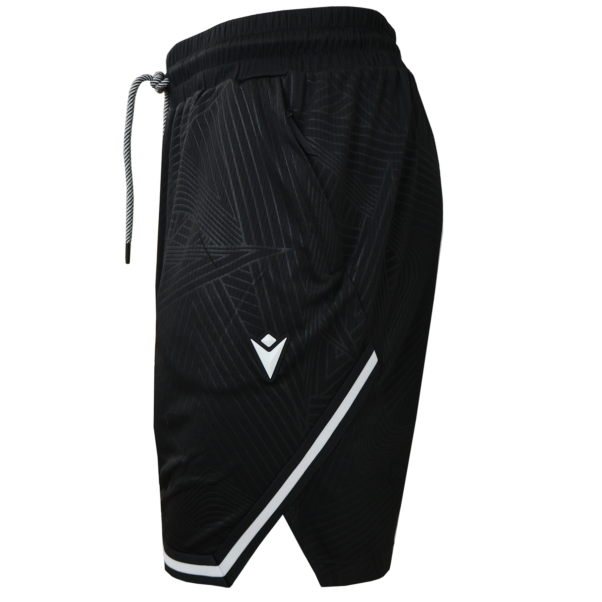 The Wales 25/26 Basketball Shorts by Macron feature a subtle pinstripe pattern, elastic waistband with drawstring, side pockets, and a white geometric logo near the hem—combining comfort and style for active days.