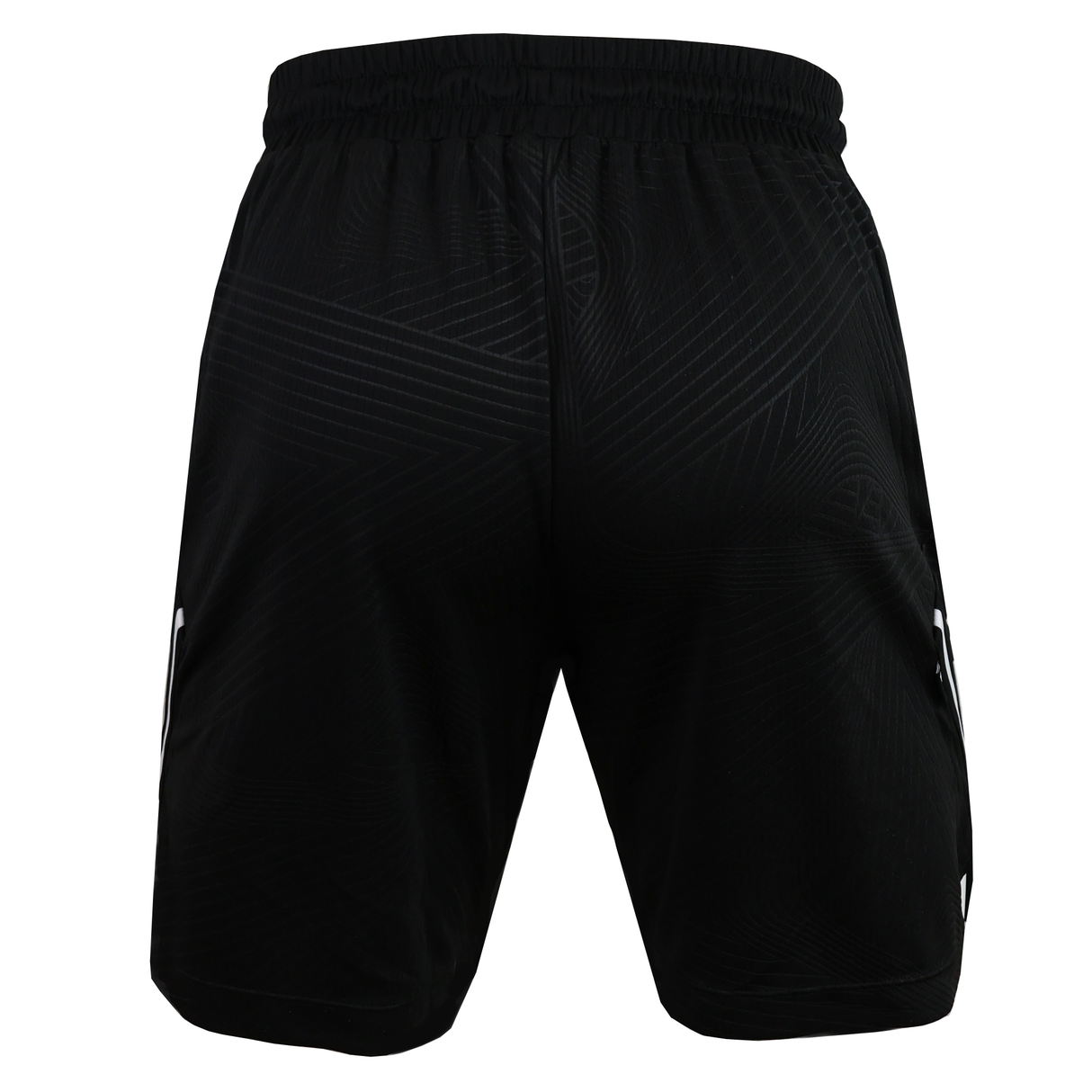 Back view of Wales 25/26 Basketball Shorts by Macron, featuring an athletic fit, black color, elastic waistband, and subtle geometric patterns.