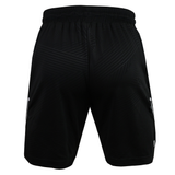 Back view of Wales 25/26 Basketball Shorts by Macron, featuring an athletic fit, black color, elastic waistband, and subtle geometric patterns.