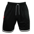The Wales 25/26 Basketball Shorts by Macron feature a black athletic fit, white drawstring, subtle leaf pattern, white leg trim, and a small red logo on the left thigh. Inspired by classic WRU basketball shorts.