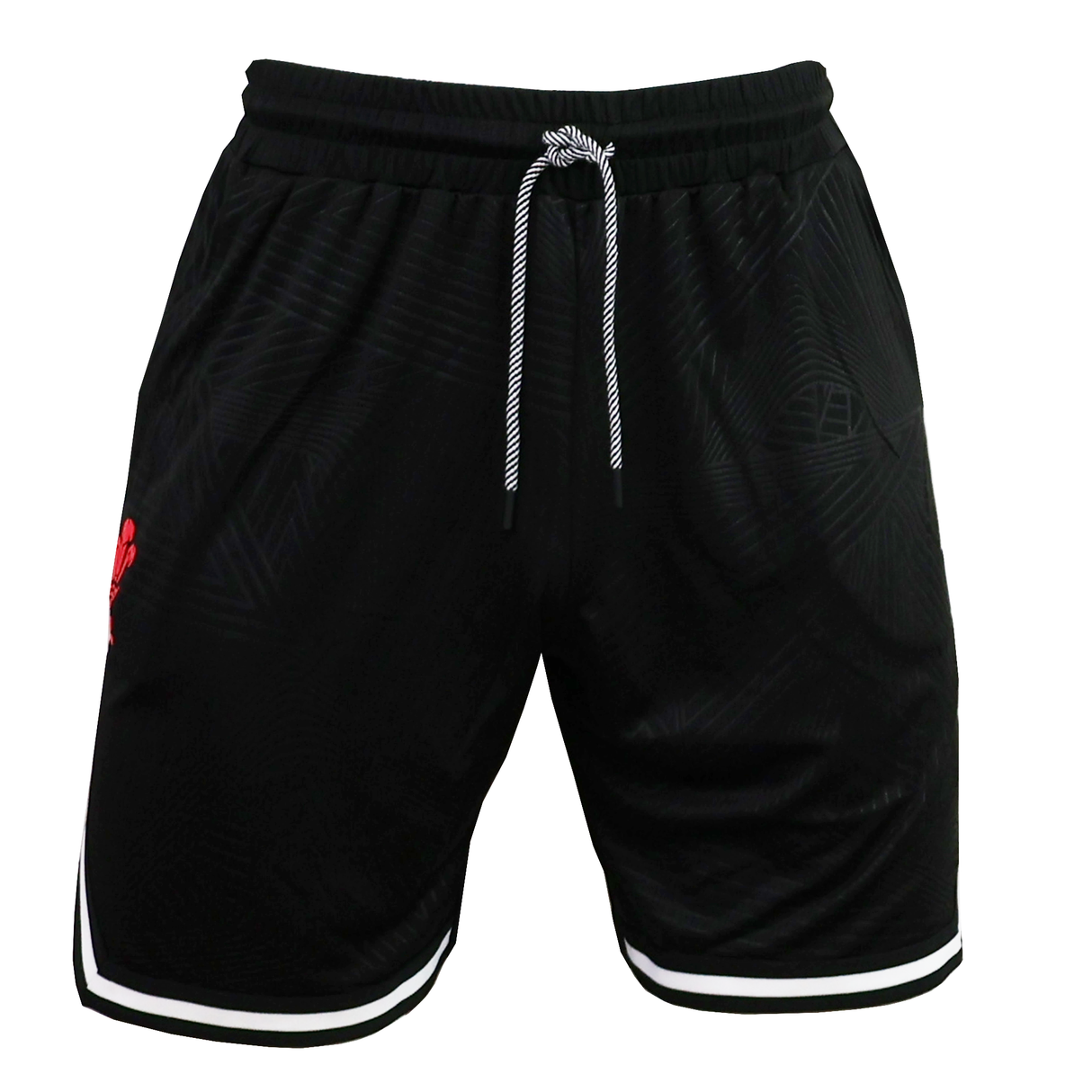 The Wales 25/26 Basketball Shorts by Macron feature a black athletic fit, white drawstring, subtle leaf pattern, white leg trim, and a small red logo on the left thigh. Inspired by classic WRU basketball shorts.
