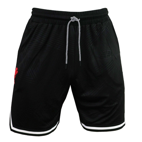 The Wales 25/26 Basketball Shorts by Macron feature a black athletic fit, white drawstring, subtle leaf pattern, white leg trim, and a small red logo on the left thigh. Inspired by classic WRU basketball shorts.