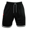 The Wales 25/26 Basketball Shorts by Macron feature a black athletic fit, white drawstring, subtle leaf pattern, white leg trim, and a small red logo on the left thigh. Inspired by classic WRU basketball shorts.