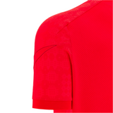 Close-up of the upper back and sleeve of the Wales 25/26 Player Travel Poly Polo by Macron, highlighting its textured red fabric and seam details—perfect for fans wanting official team style.