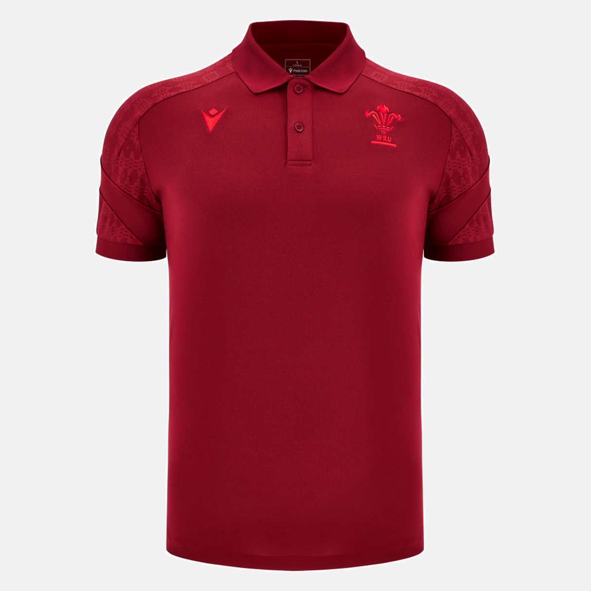 The Wales 25/26 Player Travel Poly Polo by Macron is a maroon, short-sleeved collared shirt with a button placket and two embroidered chest logos—perfect for rugby fans wanting classic Macron style.
