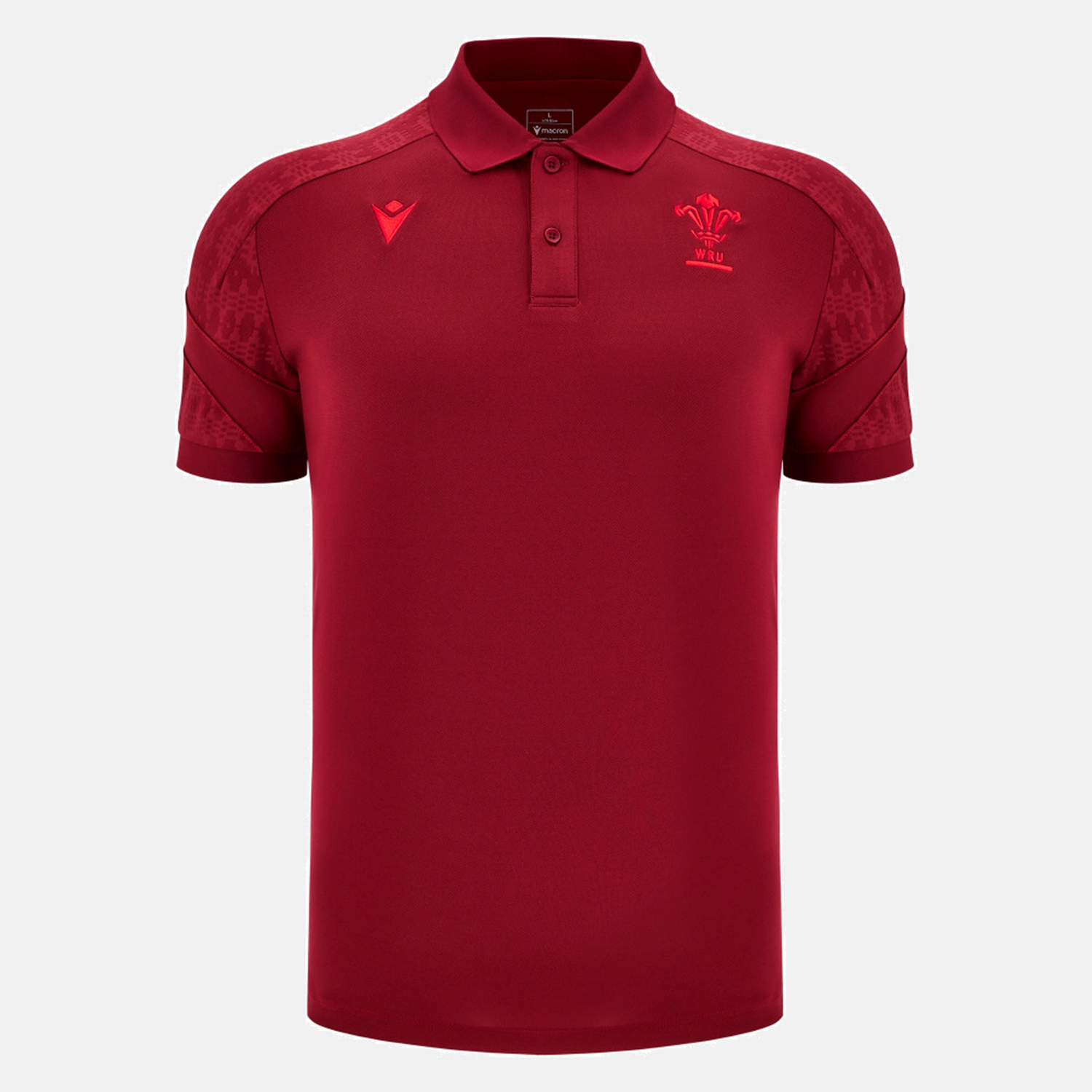 The Wales 25/26 Player Travel Poly Polo by Macron is a maroon, short-sleeved collared shirt with a button placket and two embroidered chest logos—perfect for rugby fans wanting classic Macron style.