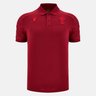 The Wales 25/26 Player Travel Poly Polo by Macron is a maroon, short-sleeved collared shirt with a button placket and two embroidered chest logos—perfect for rugby fans wanting classic Macron style.