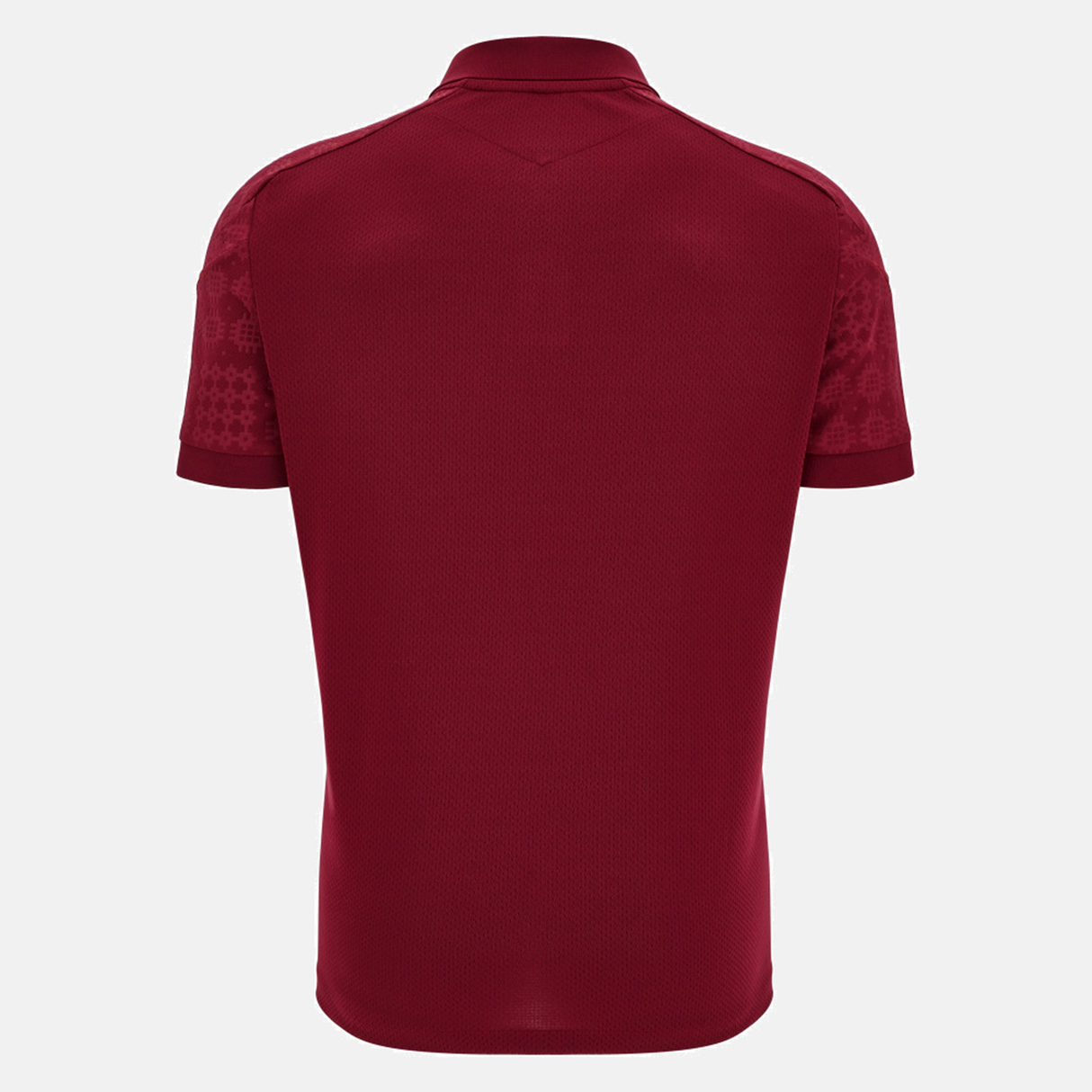 A back view of the Wales 25/26 Player Travel Poly Polo by Macron, a maroon short-sleeve polo with textured patterned sleeves and plain body, shown on a white background.