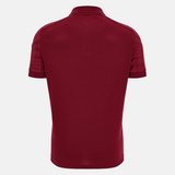 A back view of the Wales 25/26 Player Travel Poly Polo by Macron, a maroon short-sleeve polo with textured patterned sleeves and plain body, shown on a white background.