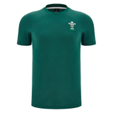 The Wales 25/26 Country Outline Cotton Fan T-Shirt by Macron features the WRU logo on the chest—a must-have fan shirt for any supporter of Welsh rugby. Shown on a plain white background.