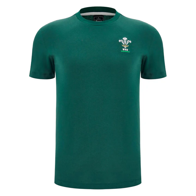 The Wales 25/26 Country Outline Cotton Fan T-Shirt by Macron features the WRU logo on the chest—a must-have fan shirt for any supporter of Welsh rugby. Shown on a plain white background.