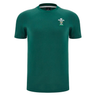 The Wales 25/26 Country Outline Cotton Fan T-Shirt by Macron features the WRU logo on the chest—a must-have fan shirt for any supporter of Welsh rugby. Shown on a plain white background.