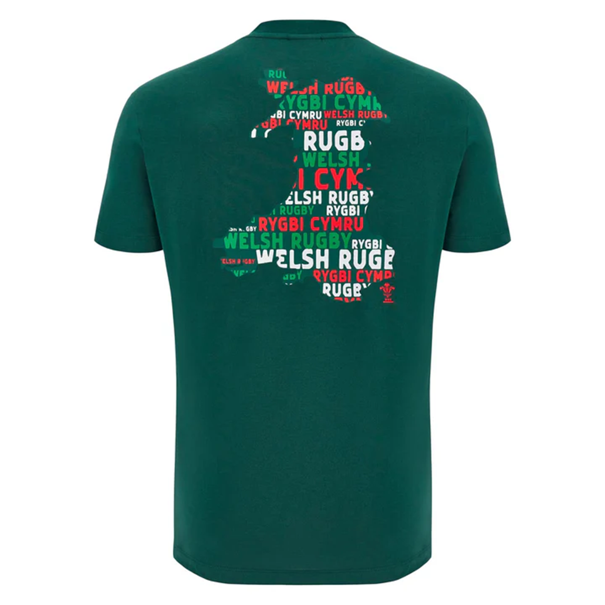 The Macron Wales 25/26 Country Outline Cotton Fan T-Shirt features a green design with a map of Wales on the back, formed by "Welsh Rugby" in English and Welsh—ideal WRU supporter gear.