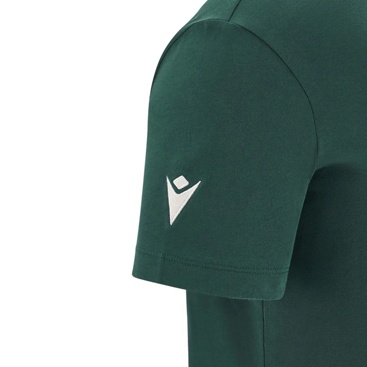 A close-up of the dark green Wales 25/26 Country Outline Cotton Fan T-Shirt by Macron, featuring a white geometric logo on the sleeve—ideal for WRU fans and collectors of Welsh rugby merchandise.