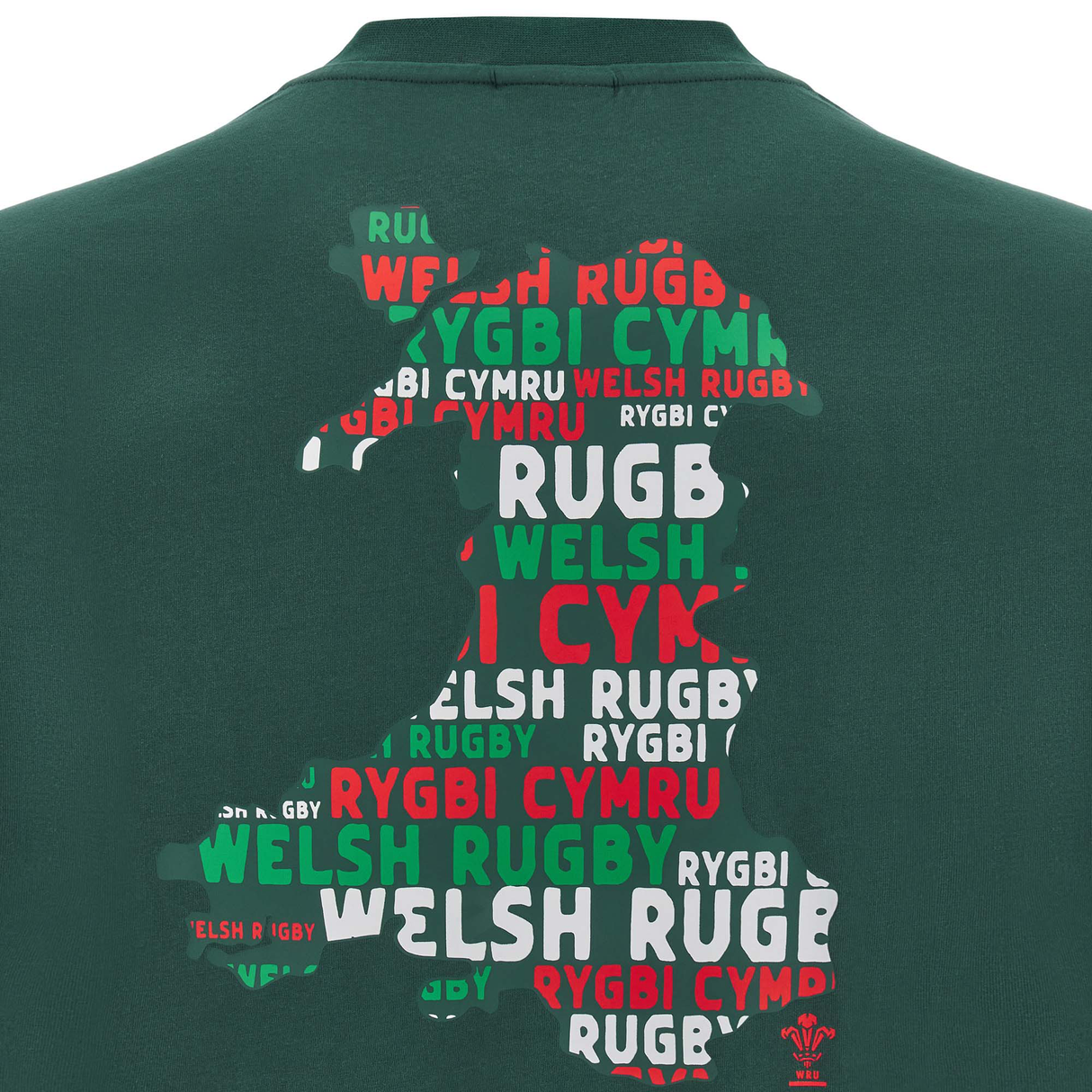 The Wales 25/26 Country Outline Cotton Fan T-Shirt by Macron features a graphic map of Wales formed by "Welsh Rugby" and "Rygbi Cymru" in red, white, and green—an ideal addition to any WRU fan's shirt collection.