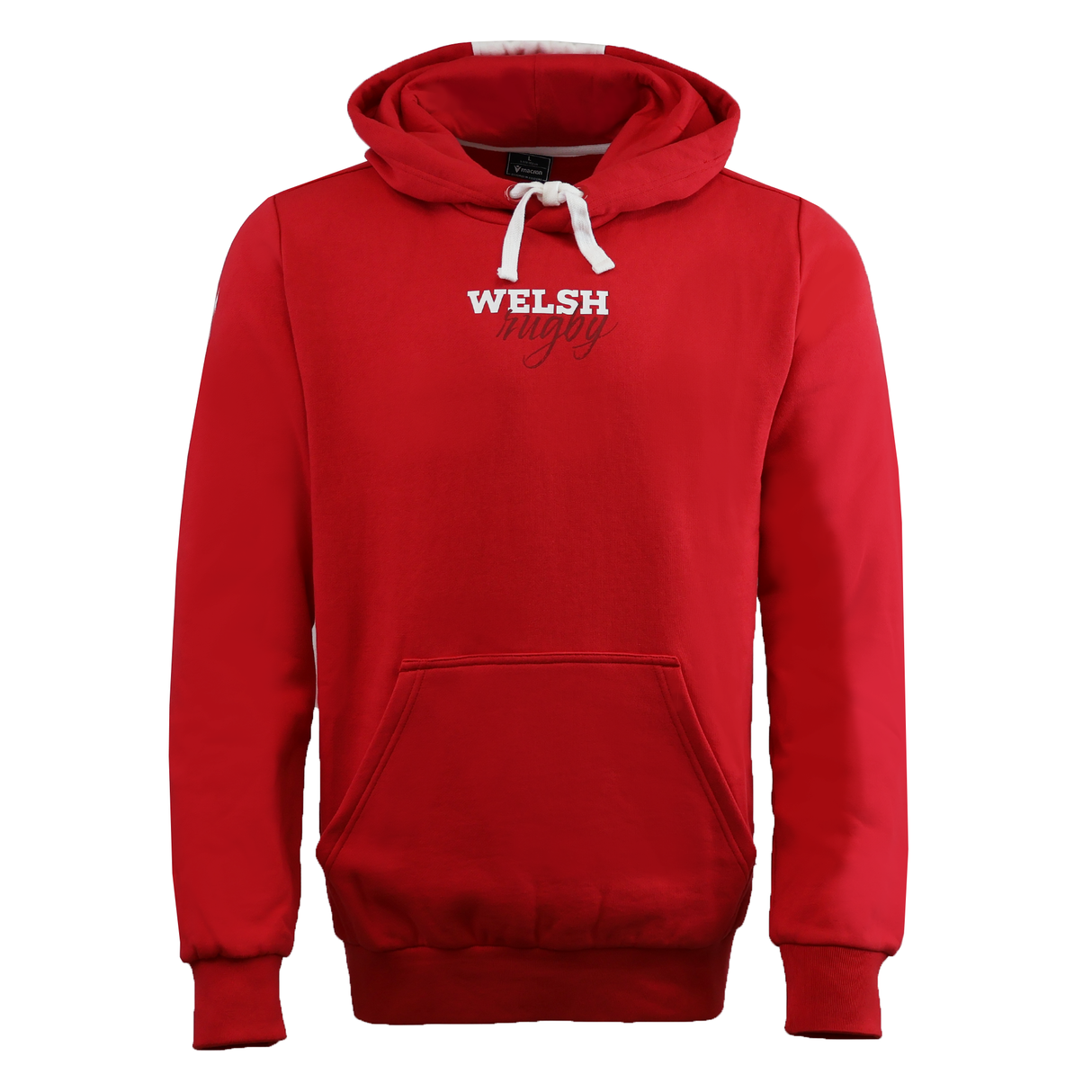 The Wales 25/26 Welsh Rugby Cotton Fan Hoodie by Macron features a red design, front pocket, white drawstrings, and "WELSH muggy" on the chest—an ideal pick for fans to show Welsh pride in comfort and style.