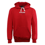 The Wales 25/26 Welsh Rugby Cotton Fan Hoodie by Macron features a red design, front pocket, white drawstrings, and "WELSH muggy" on the chest—an ideal pick for fans to show Welsh pride in comfort and style.