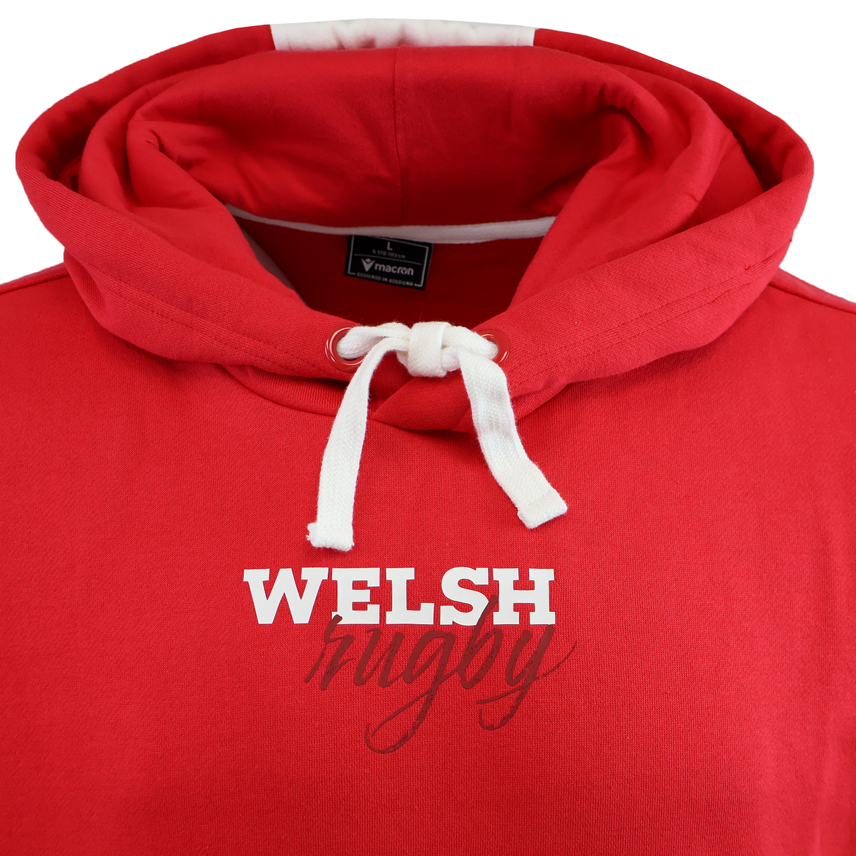 Show your passion with the Wales 25/26 Welsh Rugby Cotton Fan Hoodie by Macron—a red hoodie featuring white drawstrings and "WELSH rugby" printed in white and gray. Comfort meets team spirit for any fan.