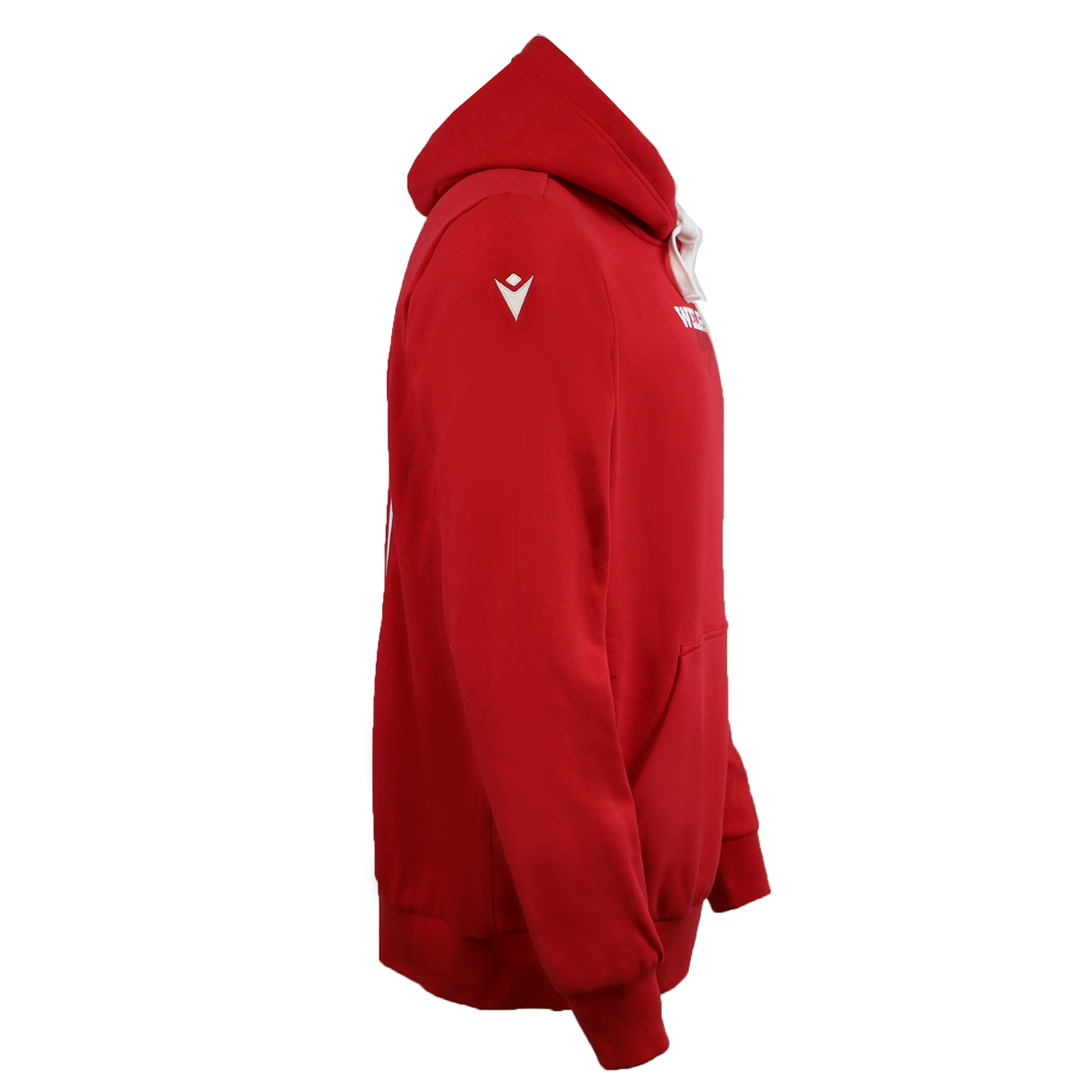 Wales 25/26 Welsh Rugby Cotton Fan Hoodie by Macron, shown from the side. Red hoodie with a front pocket, small white sleeve logo, and partial white chest text—classic Welsh Rugby style.