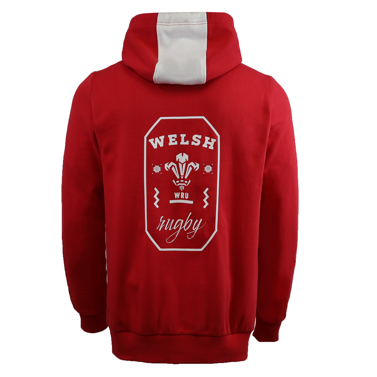 The Wales 25/26 Welsh Rugby Cotton Fan Hoodie by Macron features a red design, a white hood panel, and the official WRU emblem printed on the back.