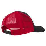 The Wales 25/26 Trucker Cap by Macron, shown in black and red mesh, features an adjustable snapback closure and is pictured from the back.