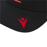 The Wales 25/26 Trucker Cap by Macron features a bold red stitched logo and abstract geometric design on the brim, combining style and rugby pride in a sleek black design.