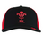The Wales 25/26 Trucker Cap by Macron features a bold red Welsh Rugby Union logo on the front and a striking red mesh back.