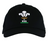 The Wales 25/26 Dad Hat by Macron is a black baseball cap featuring the Welsh Rugby Union logo embroidered in white, gold, and green—perfect for any rugby supporter.