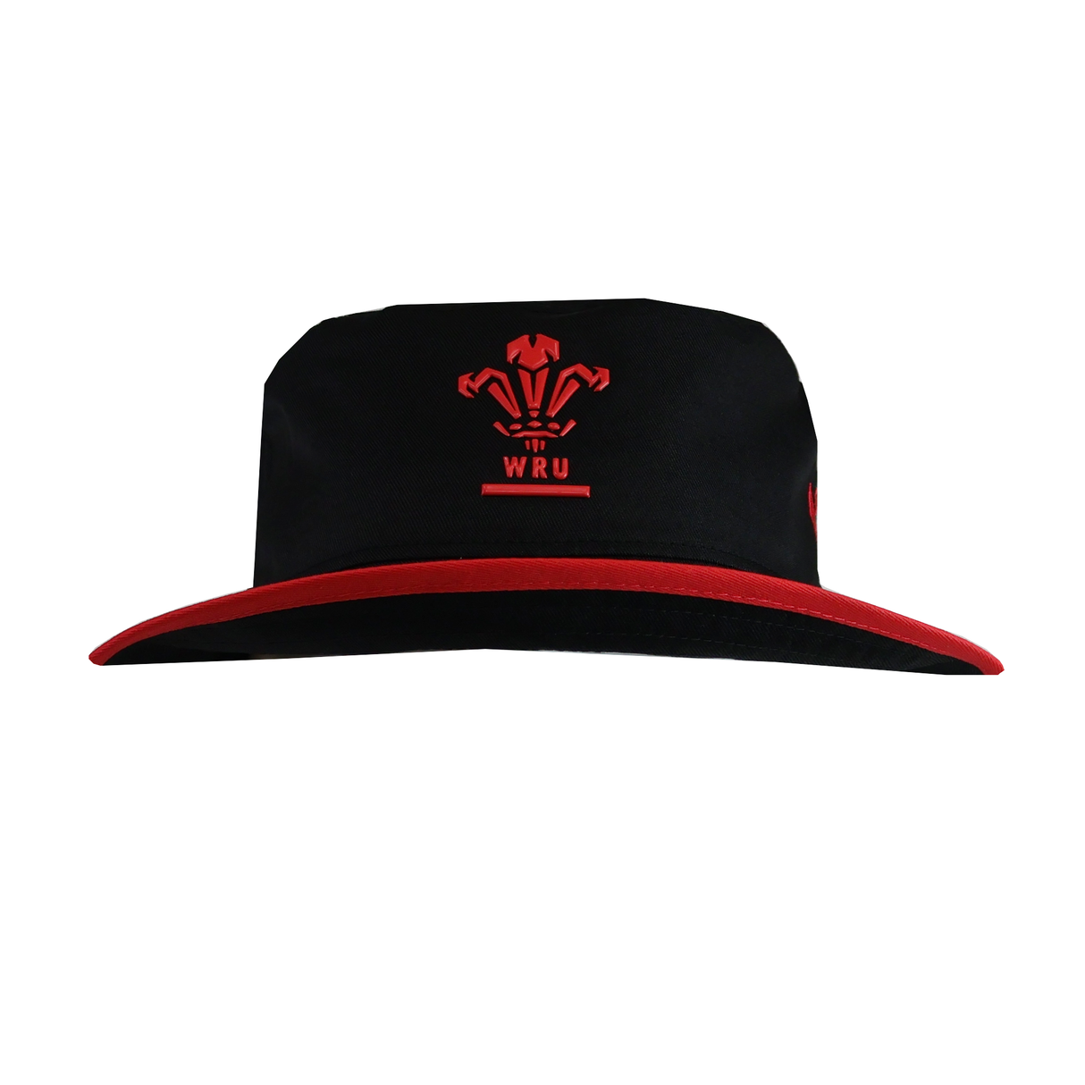 The Wales 25/26 Bucket Hat by Macron features a bold red brim and the WRU logo embroidered on the front—ideal for fans of the Wales WRU collection.