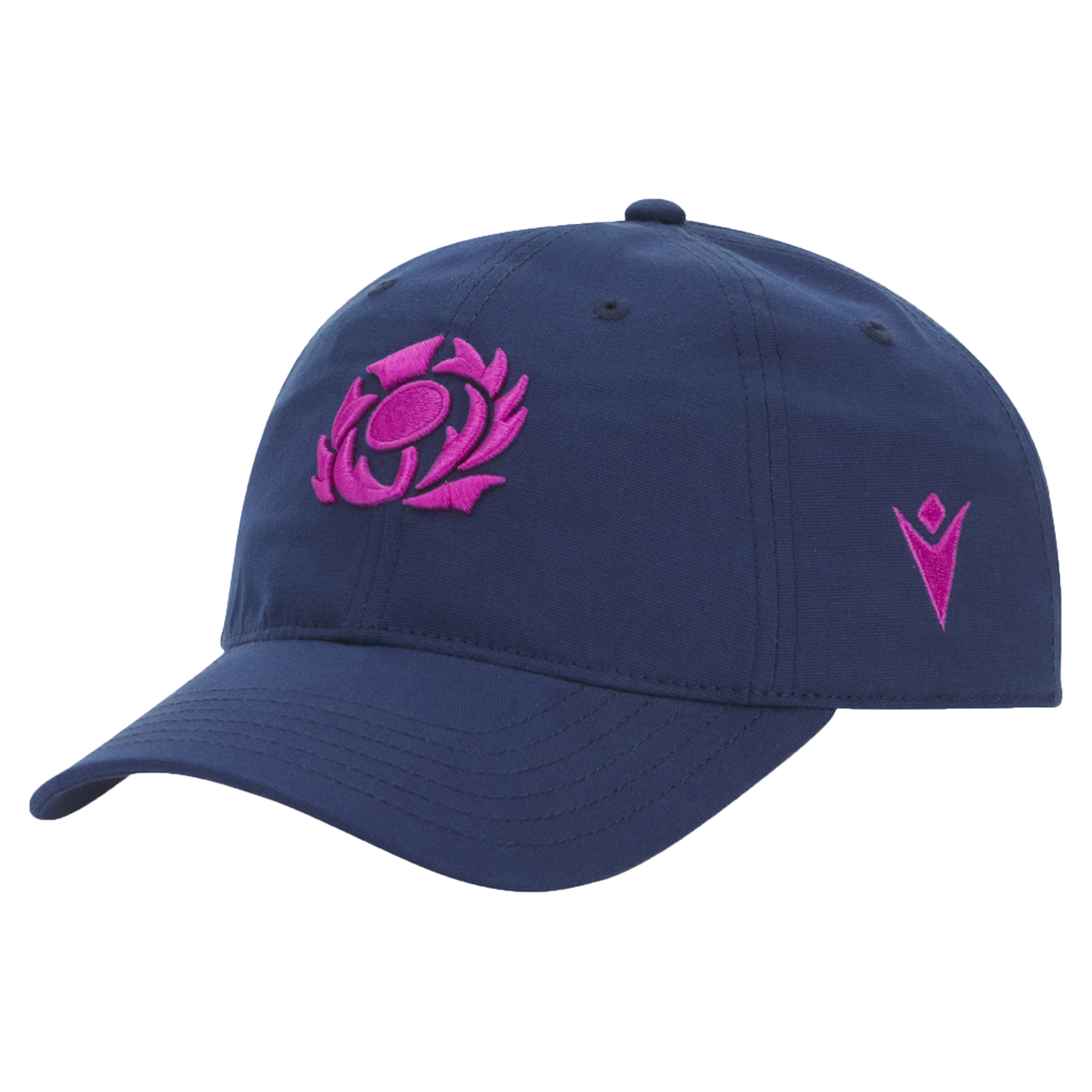 The Scotland 25/26 Dad Cap by Macron is navy blue with a pink embroidered thistle on the front and a pink Macron logo on the left side.