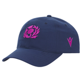 The Scotland 25/26 Dad Cap by Macron is navy blue with a pink embroidered thistle on the front and a pink Macron logo on the left side.